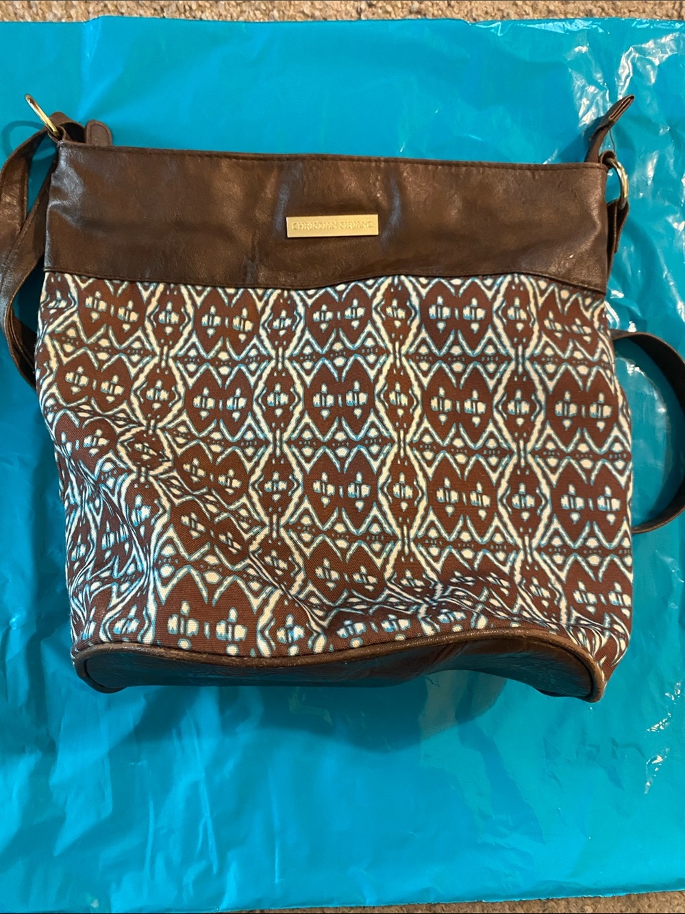 Christian Siriano Brown and Light Blue Geometric Crossbody Shoulder Bag